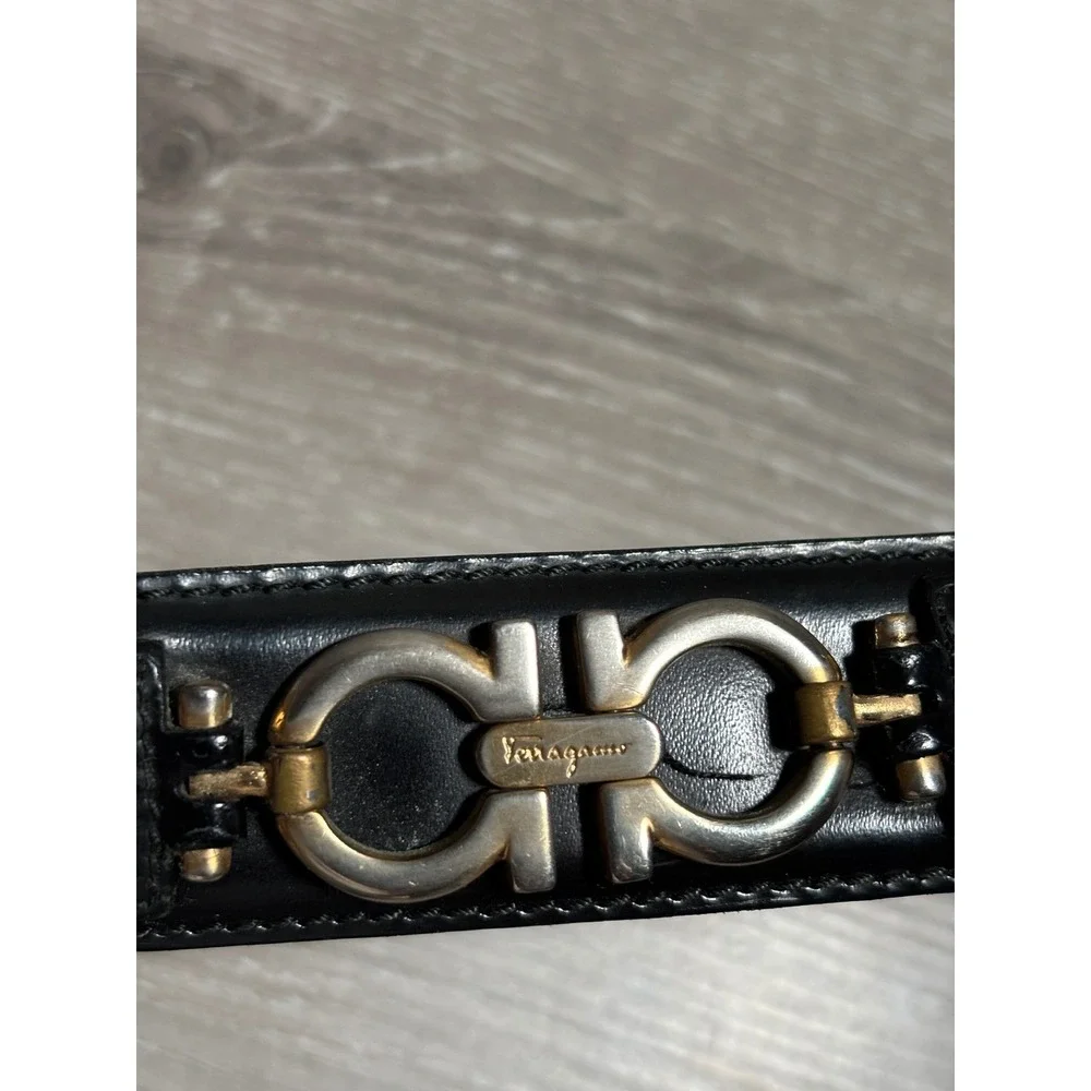 Salvatore Ferragamo Womens Black Leather Gancini Logo Belt Gold Silver Hardware
